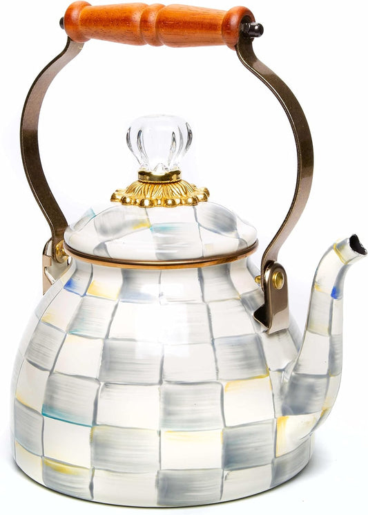 MACKENZIE-CHILDS Enamel Tea Kettle, Stylish Tea Kettle for Stovetop, Grey-and-White Sterling Check, 2 Quarts