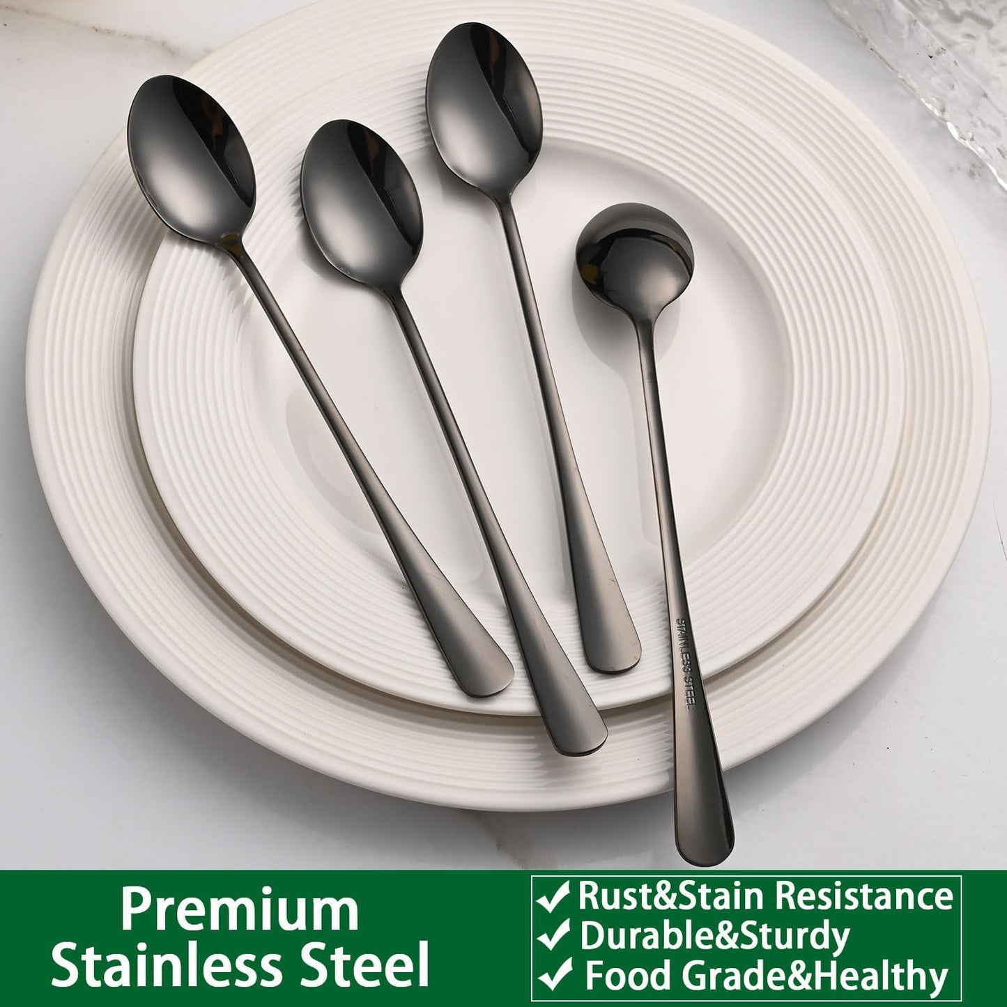 7.5 Inches Black Coffee Stirring Spoons Set,Set Of 8 Stanless Steel Iced Teaspoons,Long Handle Mixing Spoons For Cocktail And Sundae,Long Ice Cream Spoons