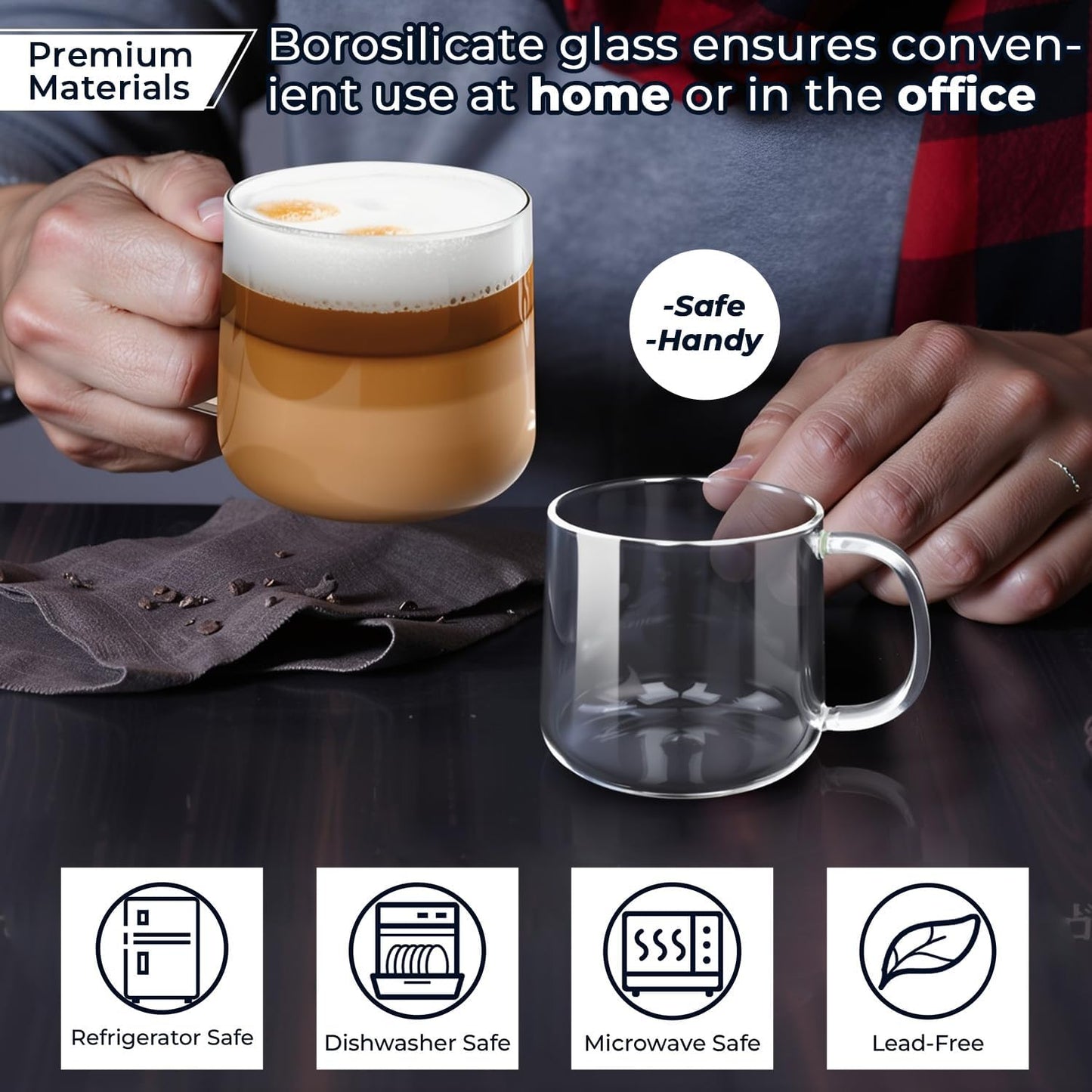 Aquach 20 oz Large Glass Coffee Mugs with Handle Set of 2 - Clear Glass Cups for Latte, Cappuccino, and Tea