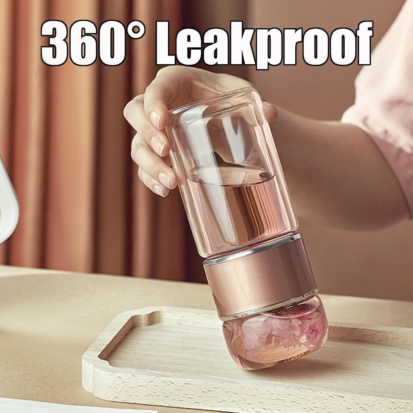 Tryteava Glass Infuser, Tryteava 3-in-1 Smart Tea Infuser, Portable Glass Double Wall Tea Infusers Bottle, with Stainless Steel Filter, Hot & Cold Brew, For Loose Leaf, Office Home (Pink, 420ml)