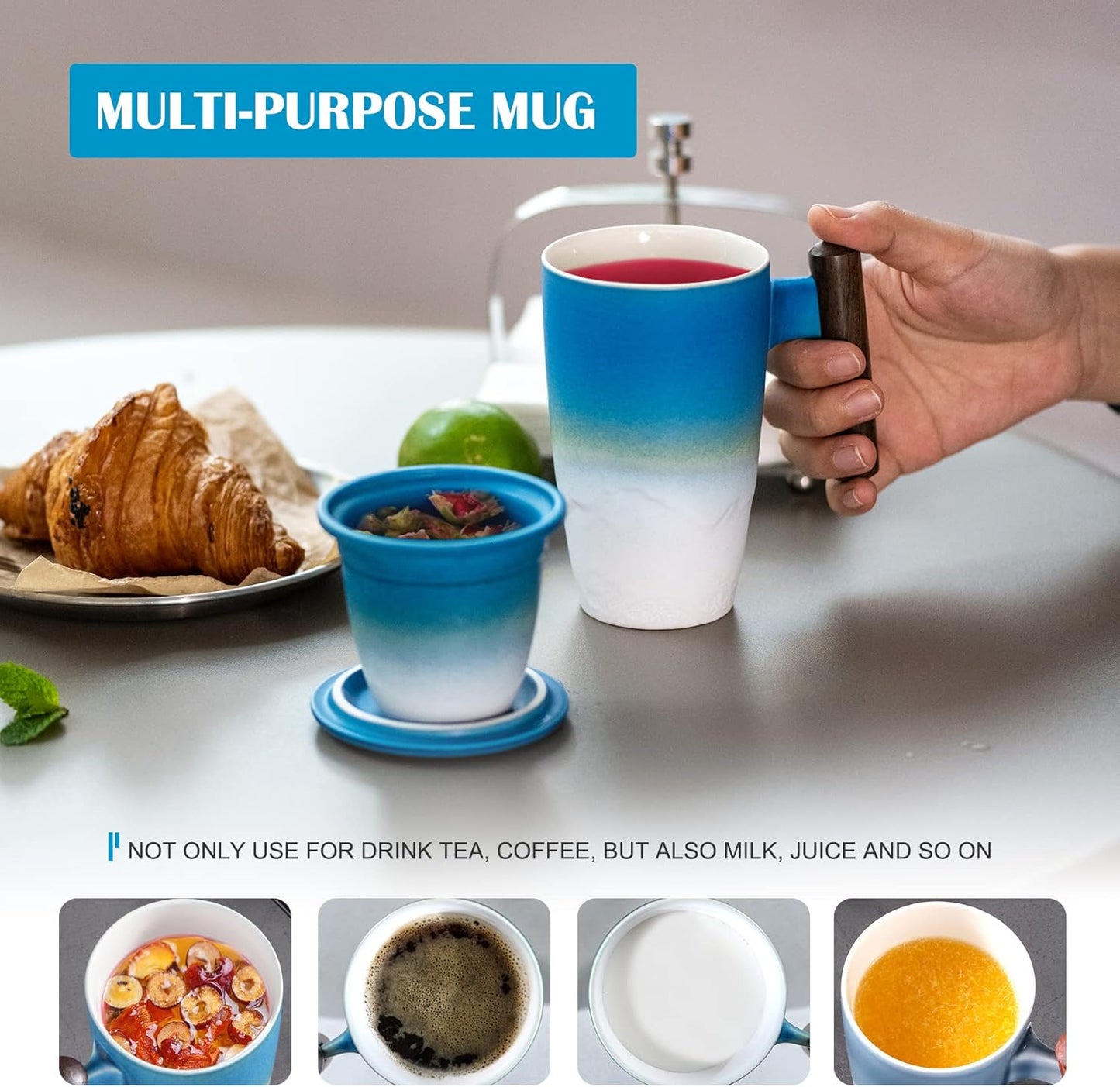 suyika Tomotime Ceramic Tea Cup with Infuser and Lid Tea Mugs Wooden Handle 400ml/13.5oz (Cyan blue)