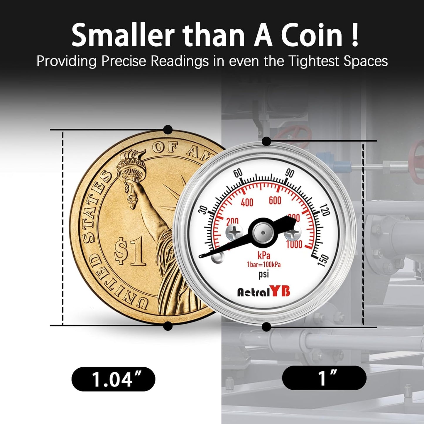 Mini 1 Inch Pressure Gauge, 0-150Psi/Kpa Dry Pressure Gauge, 1" Dial Size, 1/8 Npt Back Mount, Stainless Steel Case, for Water, Air,Oil Pressure Test