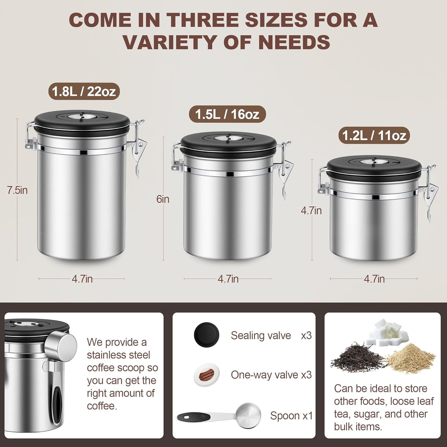 ShanSon Coffee Canister Airtight Coffee Container Stainless Steel Coffee Bean Storage Container with Scoop Coffee Canister for Beans Grounds Sugar Flour Tea Cereal,16OZ,Silver