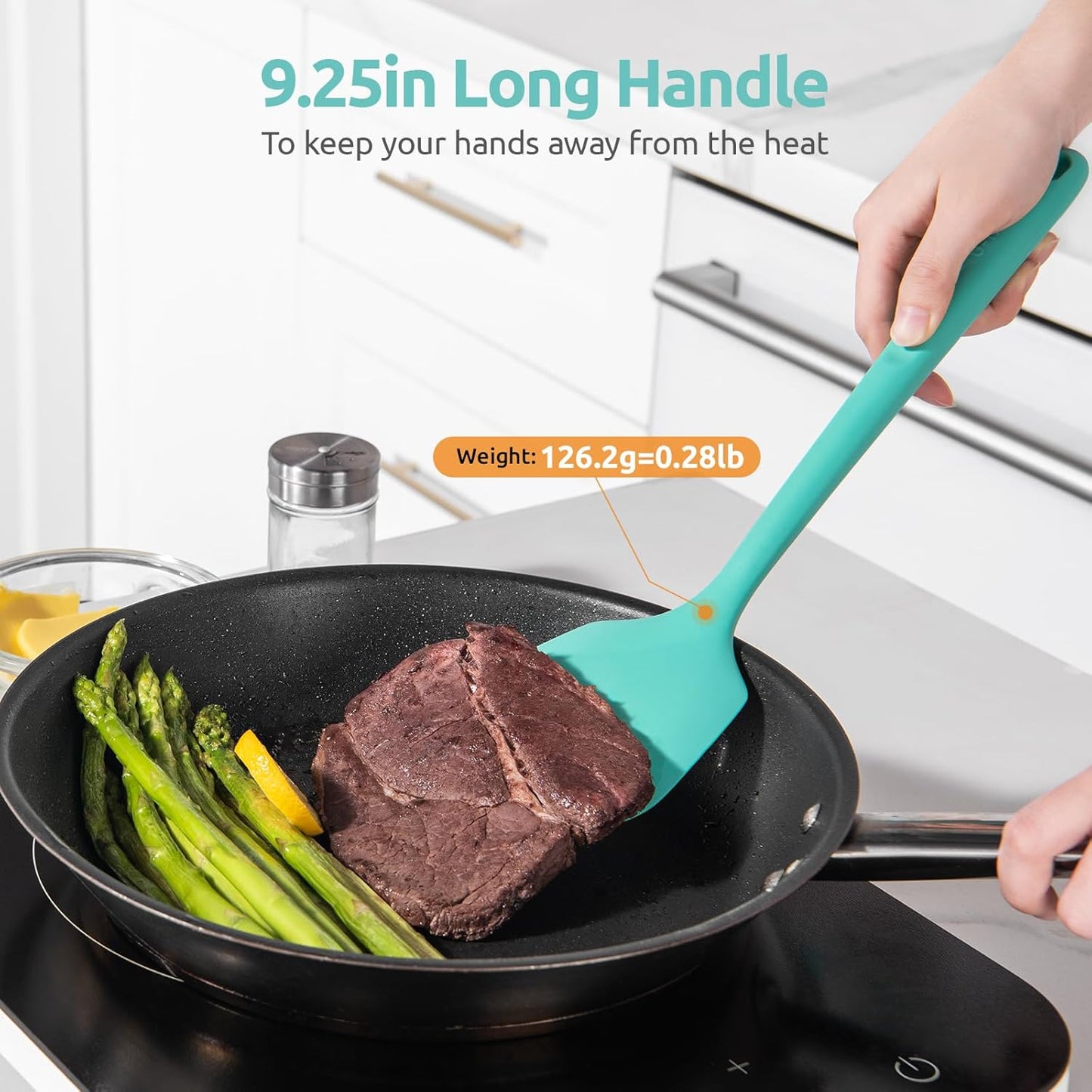 13.6" Solid Silicone Turner: U-Taste 600ºF Heat Resistant Kitchen Spatula Flipper, Food Grade Flexible Wide Seamless Rubber Cooking Utensil for Egg, Pancake, Burger in Nonstick Cookware (Aqua Sky)