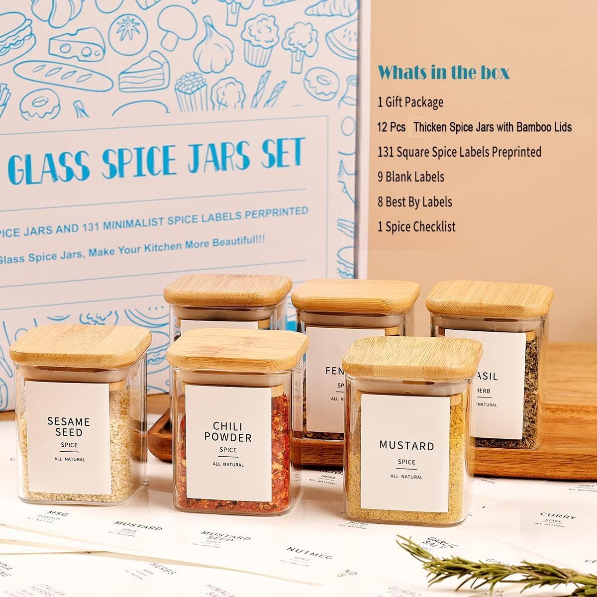 12 Pcs Square Glass Spice Jars with Natural Bamboo Lids - 5oz Airtight Herb Containers with 148 Waterproof Minimalist Spice Labels Preprinted - Empty Small Seasoning Jars for Kitchen Pantry