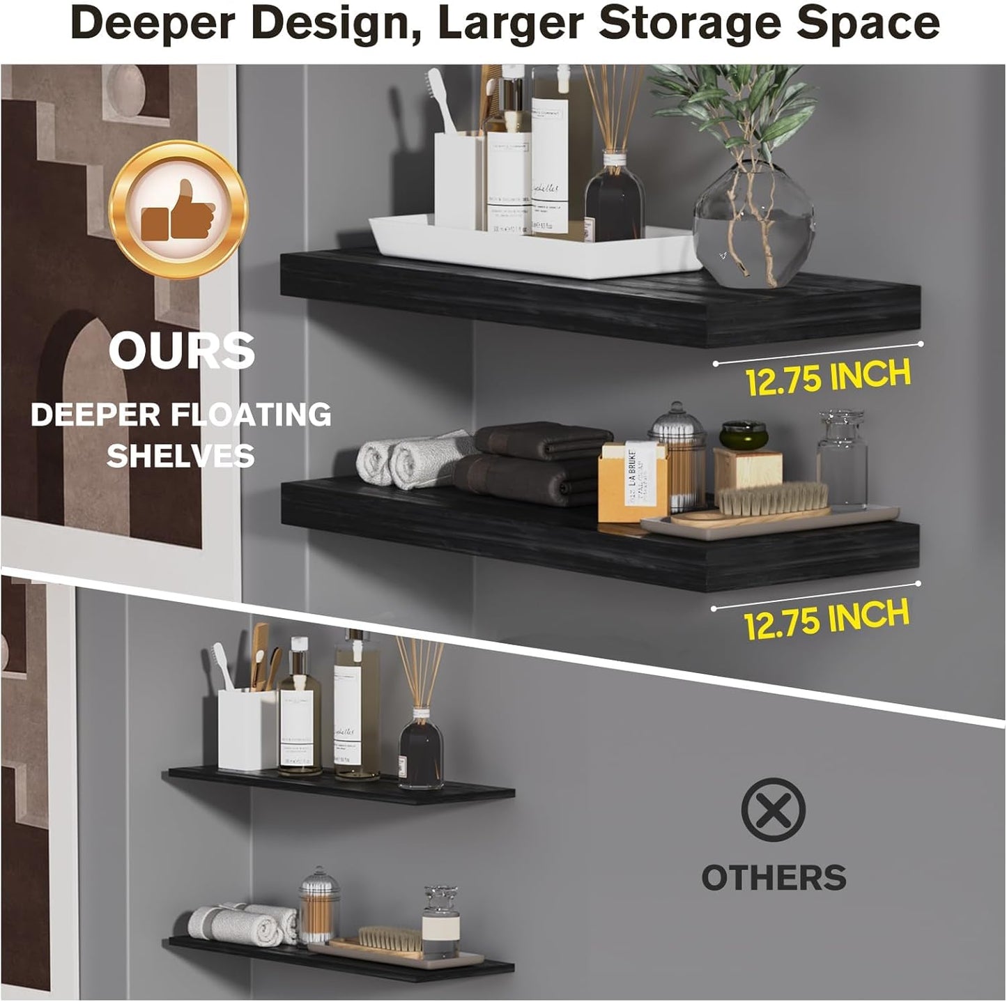 Floating Shelf, Set of 3 Wall Shelf, 24 in W x 12.75 in D x 2 in H Wooden Floating Wall Shelf with Invisible Brackets for Living Room/Bedroom/Bathroom/Kitchen Storage and Decor, Black Wood