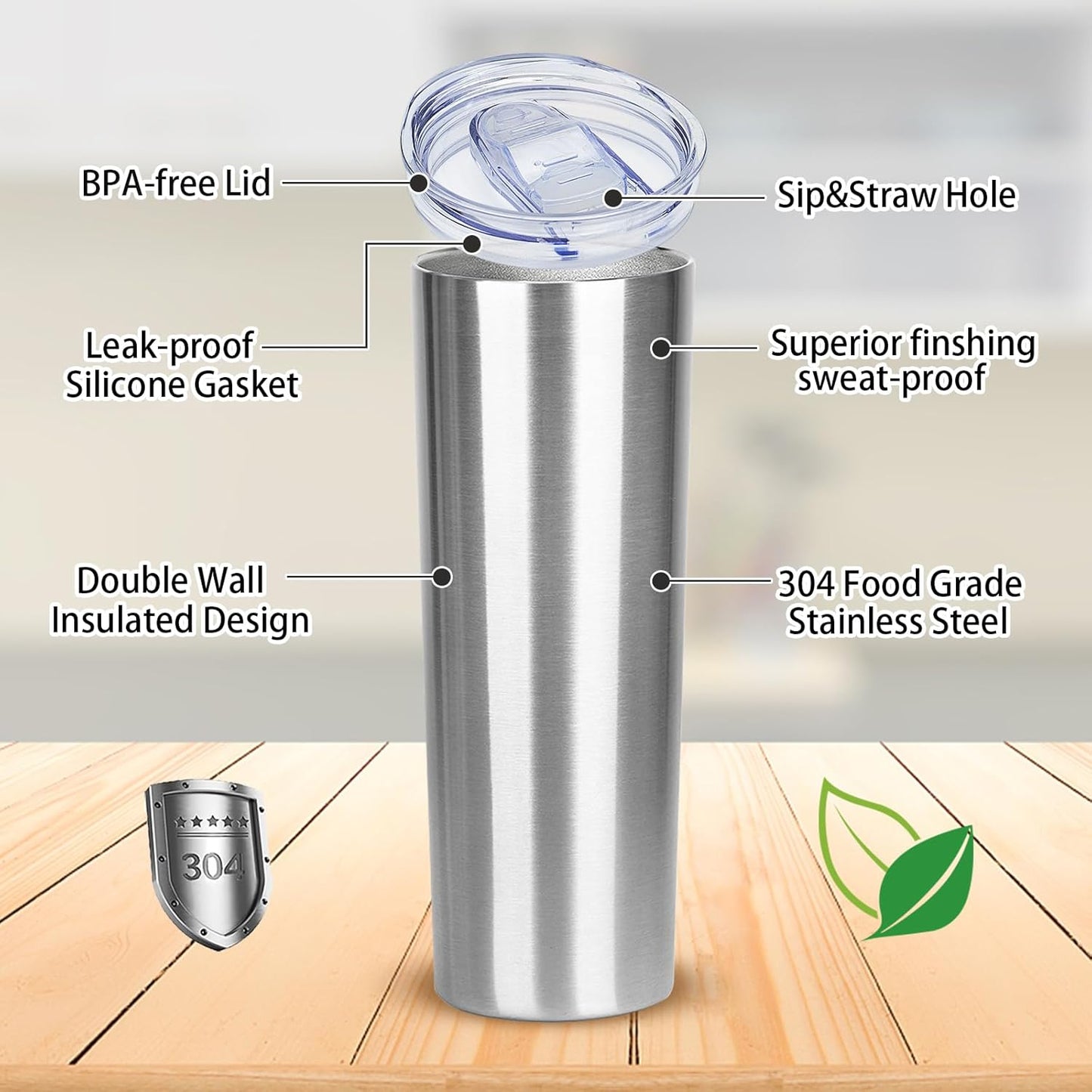 20 oz Skinny Tumblers with Lid and Straw,Stainless Steel Vacuum Insulated Tumbler Cup Double Wall Travel Coffee Mug, Thermal Water Tumbler for Hot and Cold Drinks(Silver,8)