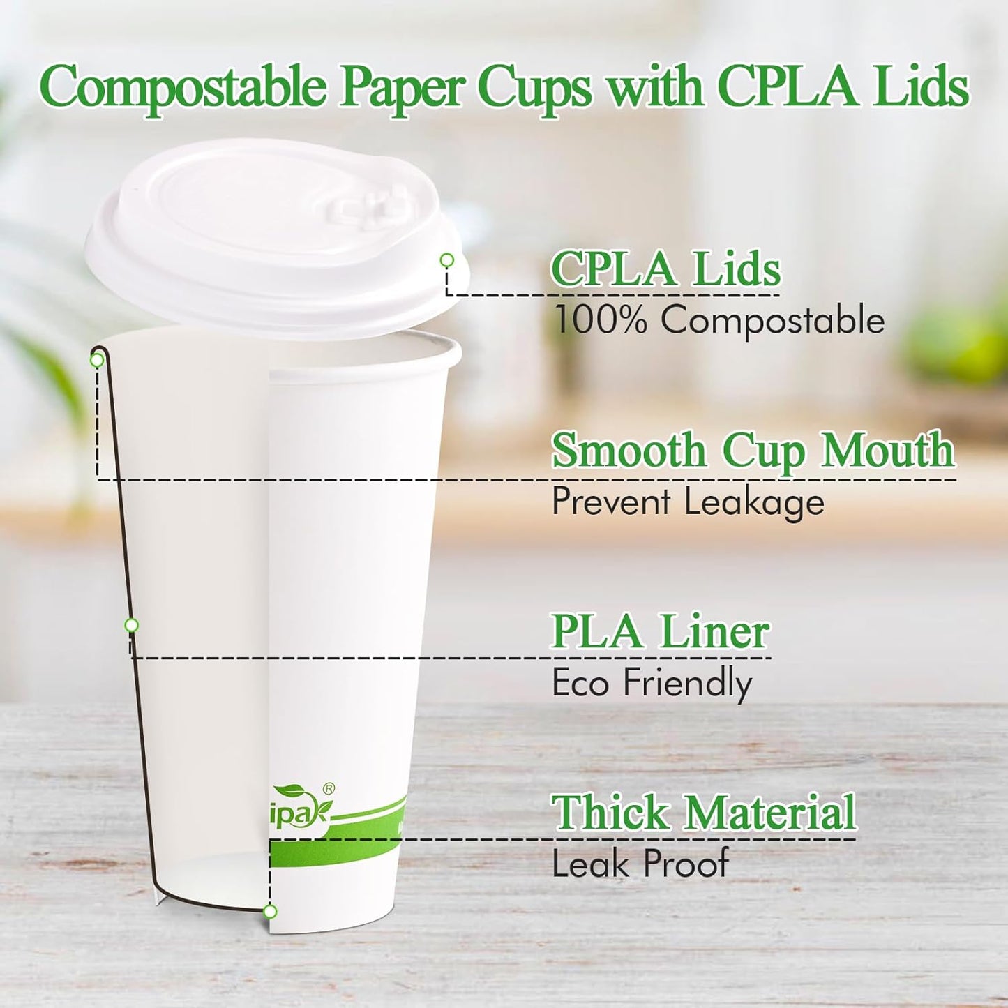 ECOLipak 100 Count 16 oz Compostable Paper Coffee Cups, Biodegradable Disposable Coffee Cups with CPLA Lid, Eco-friendly Hot Drinking Cups for Party, Picnic, Travel,and Events