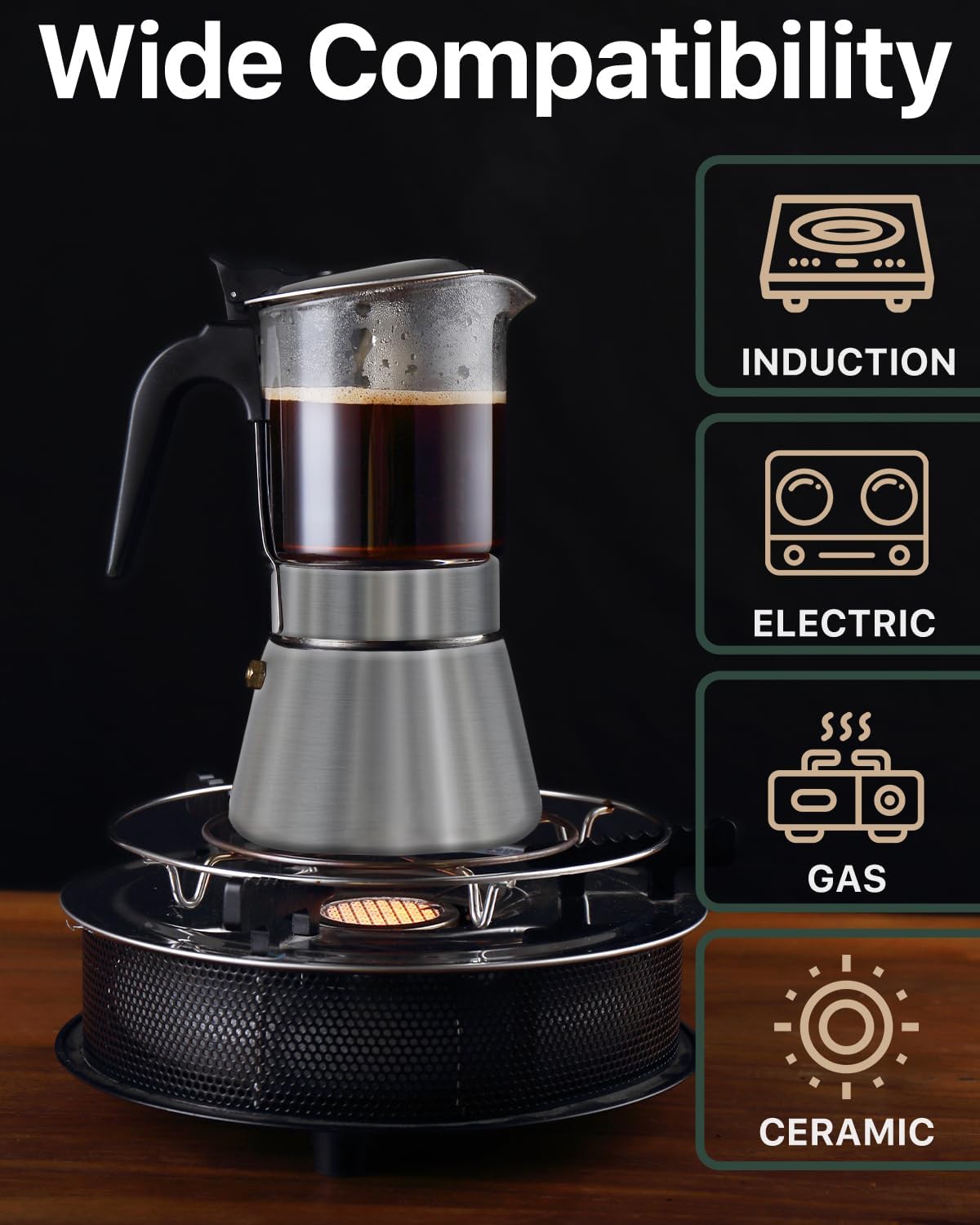 Grasseed Stainless Steel Moka Pot, Crystal Glass-top Coffee Maker Mocha Pot, Italian Stovetop Espresso Maker for Coffee - 6 Cup/240ml