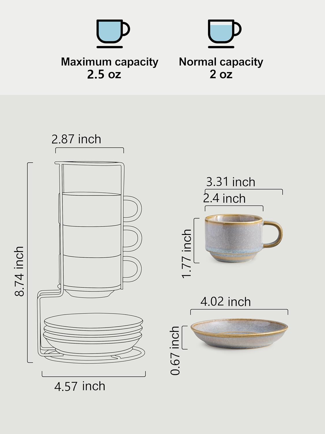 Gomakren 2.5 Ounce Espresso Cups Set of 4, Small Stackable Coffee Cups with Saucers and Metal Stand, Porcelain Demitasse Cups for Specialty Coffee Drinks, Espresso, Cappuccino, Latte, Tea, Gray