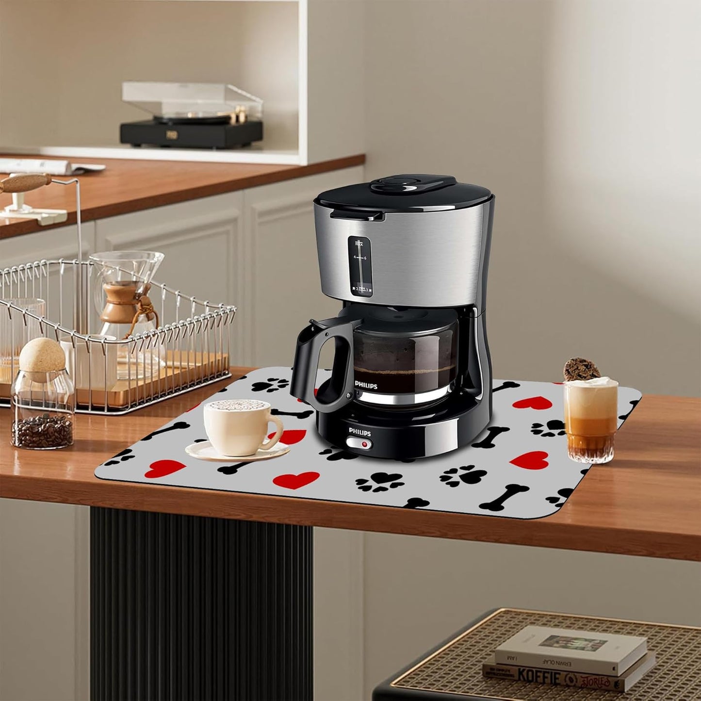 Dish Drying Mat Cute Dog Bone Paw Print Red Heart Kitchen Mat 12"x19" Bsorbent Coffee Maker Mat for Dishes,Utensils Coffee Maker Pots and Pans Easy Clean Dish Slip Resistant Pad