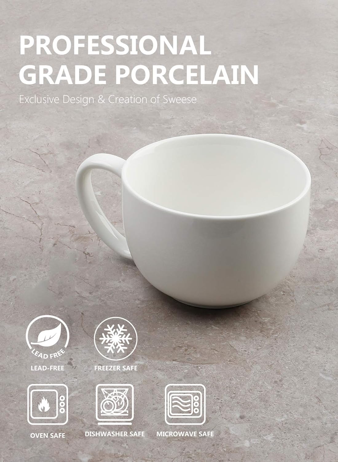 Sweese Porcelain 22oz Large Coffee Mugs Set of 4, Large Soup Mug with Handles Perfect for Coffee, Tea, Hot Chocolate, Microwave Safe, White