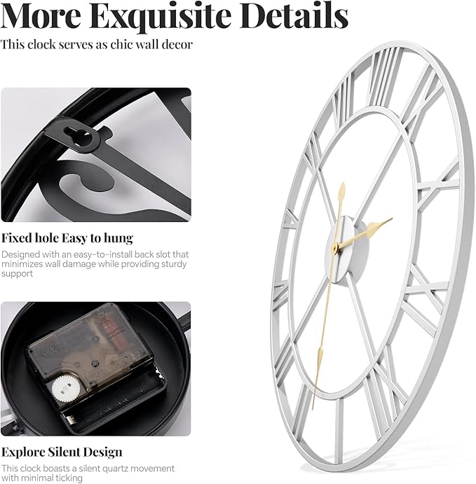 Cuspin 24 Inch Large Silver Wall Clock, Battery Operated Silent Non Ticking - Image 5