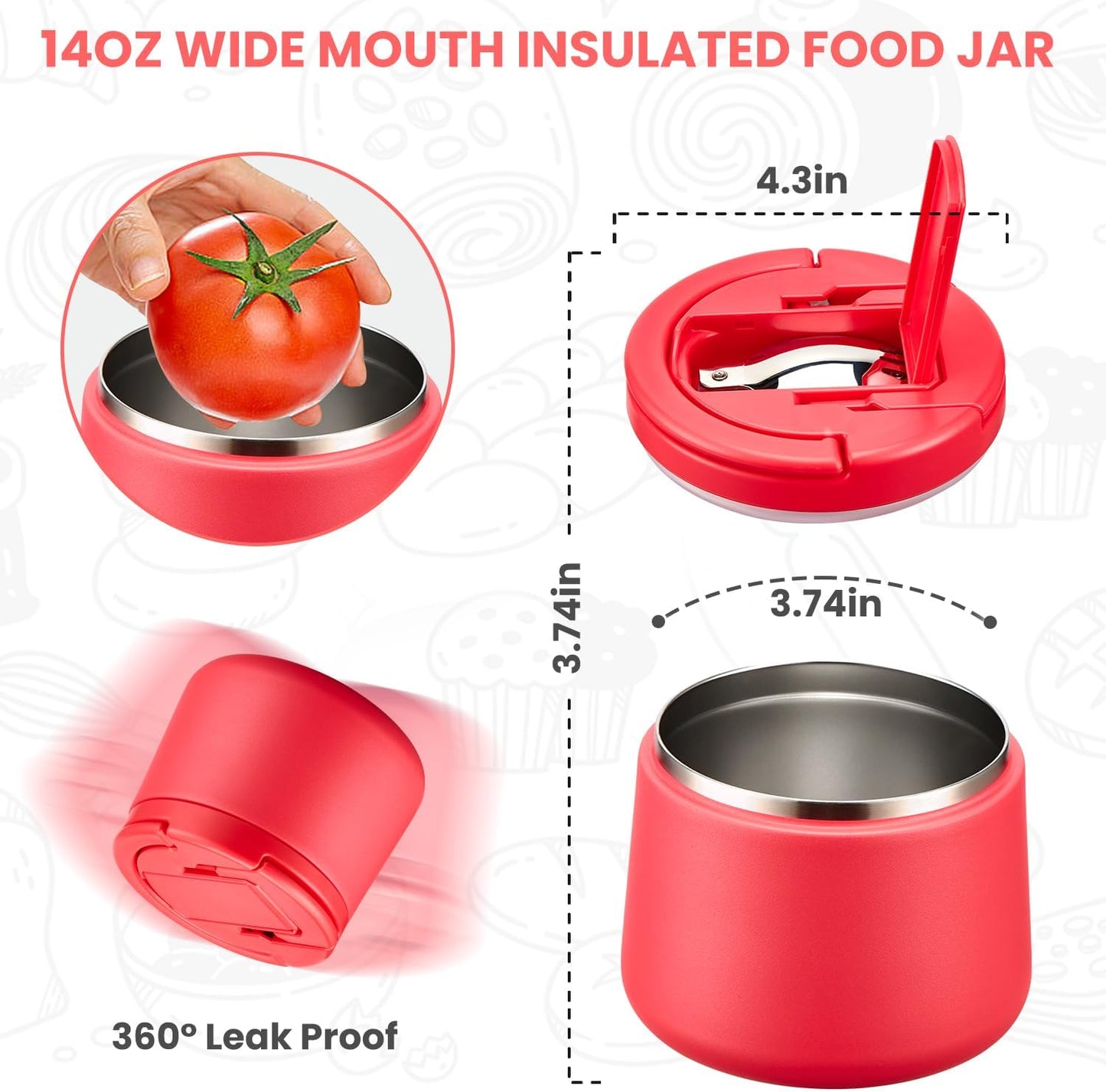 Soup Thermo for Hot Food Kids 14oz Lunch Containers with Buckle Lid Wide Mouth Hot Food Jar Vacuum Insulated Stainless Steel Bento Box Leakproof with Spoon (Red)