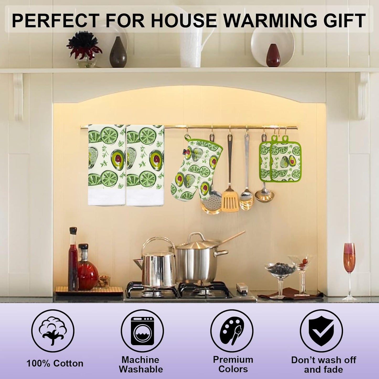 Oven Mitts and Potholders Dish Towles Set 100% Cotton for Perfect for Gifting, Baking and Everyday Cooking Durable Heat Resistant for Kitchen (5-Piece Lemon Avocado)