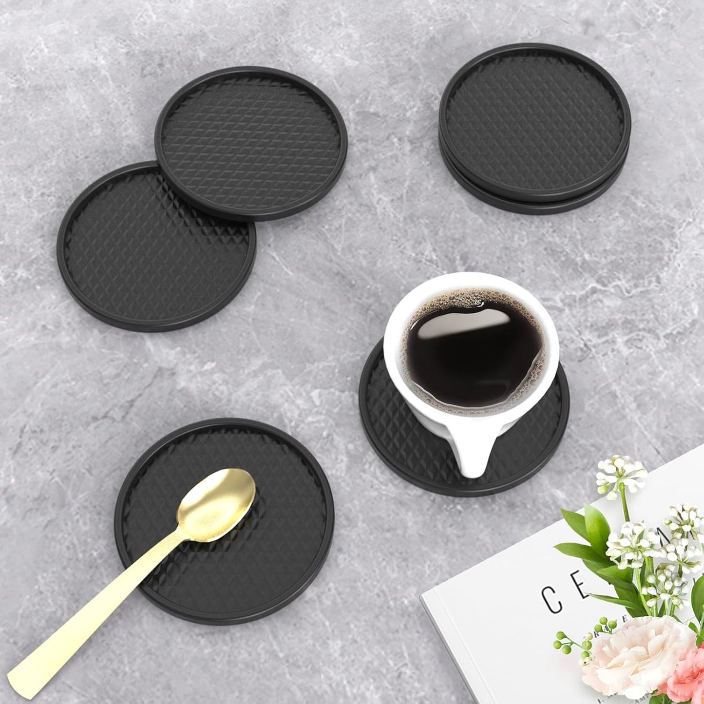 24''x16'' Silicone Coffee Mat with 6PCS Coasters,Counter Bar Mat with Detachable Dish Drying Mat for Kitchen Countertops,Coffee Bar Accessories (Black, 24 x 16 inches)