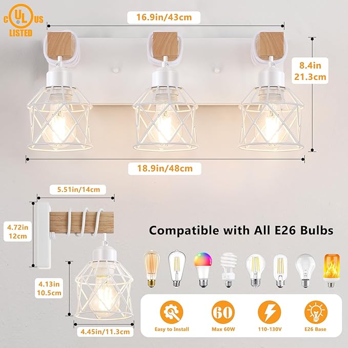 FadimiKoo 3-Light Farmhouse White Bathroom Vanity Light Fixtures, Rustic Wood - Image 2
