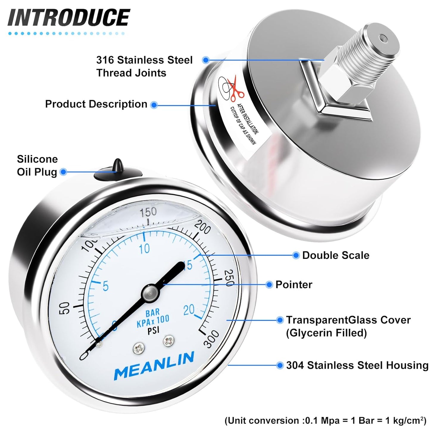 MEANLIN MEASURE 0~300Psi Liquid Filled Pressure Gauge Stainless Steel with 316 Stainless Steel Joint 1/4" NPT 2.5" FACE DIAL for Air Compressor Air Regulator Water Filter Center Back Mount