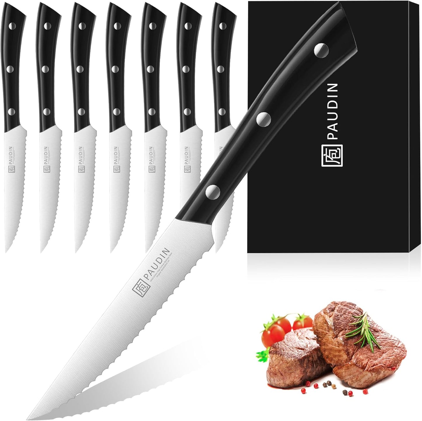 PAUDIN Steak Knives, Steak Knife Set of 8, Razor-Sharp Kitchen Knife Set 4.5 inch, High Carbon Stainless Steel Serrated Steak Knives Set for Kitchen, Full Tang ABS Handle