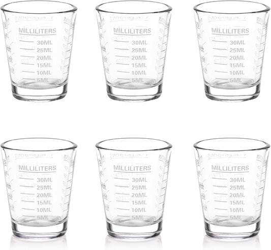 Shot Glasses Measuring Cup Set 6 Pack Espresso Shot Glasses Liquid Heavy Glass 26-Incremental Measurement 1 OZ, 2 TBS, 6 TSP, 30 ML Kitchen Tools(White)