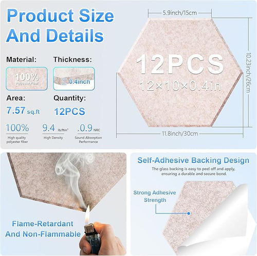 12 Pack Hexagon Acoustic Panels, Self-Adhesive Sound Deadening Panels, Sound - Image 2