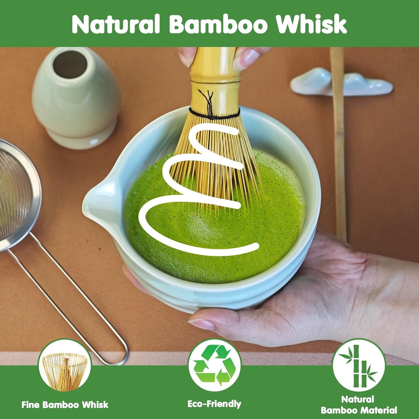 Matcha Whisk Set, 7 Pcs Ceramic Matcha Kit, Matcha Bowl with Spout, Matcha Whisk, Holder, Stainless Sifter, Bamboo Scoop and Tea Towel, Matcha Gift Set for Matcha Tea Lovers
