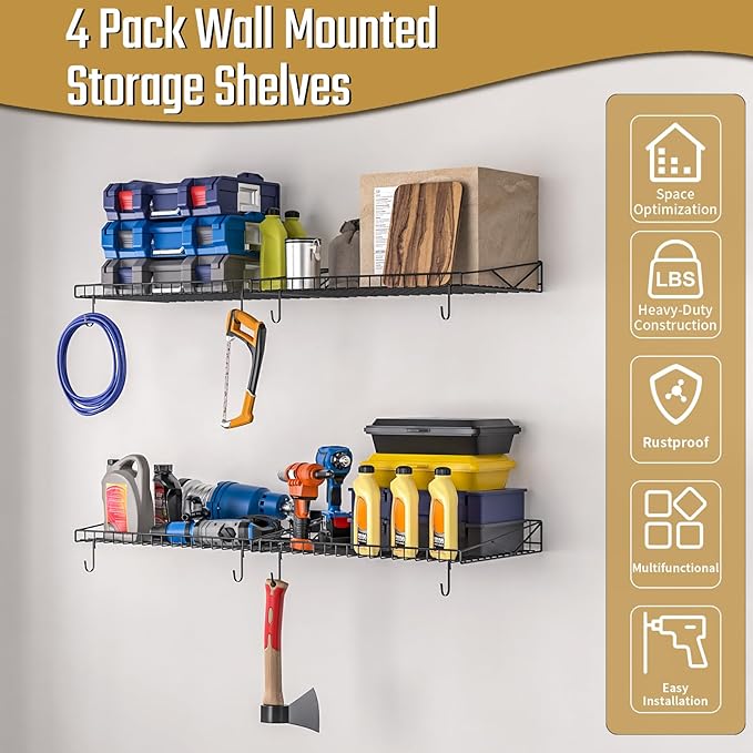 4 Pack Garage Wall Shelf, Garage Wall Mounted Shelving, Heavy Duty Floating - Image 3