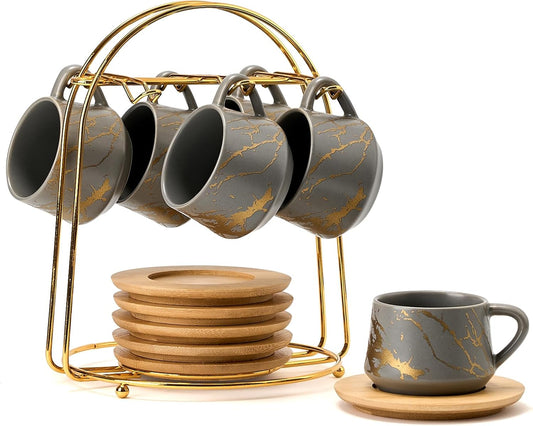 LUKA Ceramic Espresso Cups with Saucers and Metal Stand, Small 4 oz Porcelain Demitasse Cups Set of 6, Cute Cappuccino Coffee Cups for Double Espresso, Tea, Marbling Gray