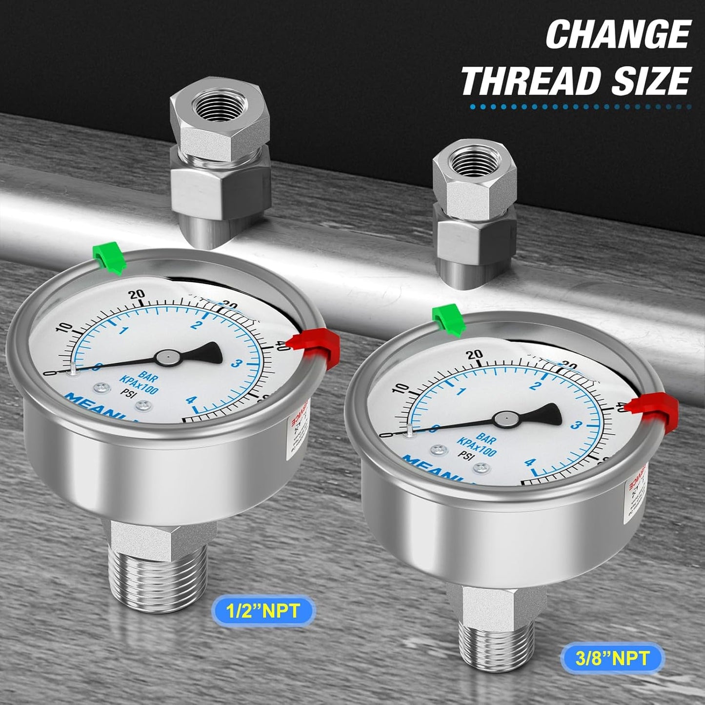 MEANLIN MEASURE 0~60Psi Stainless Steel Liquid Filled Pressure Gauge 2.5" FACE DIAL 1/4" NPT for Pool Filter Pump Water Oil Air Compressor Back Mount with Stainless Steel Hex Bushing and Snaps