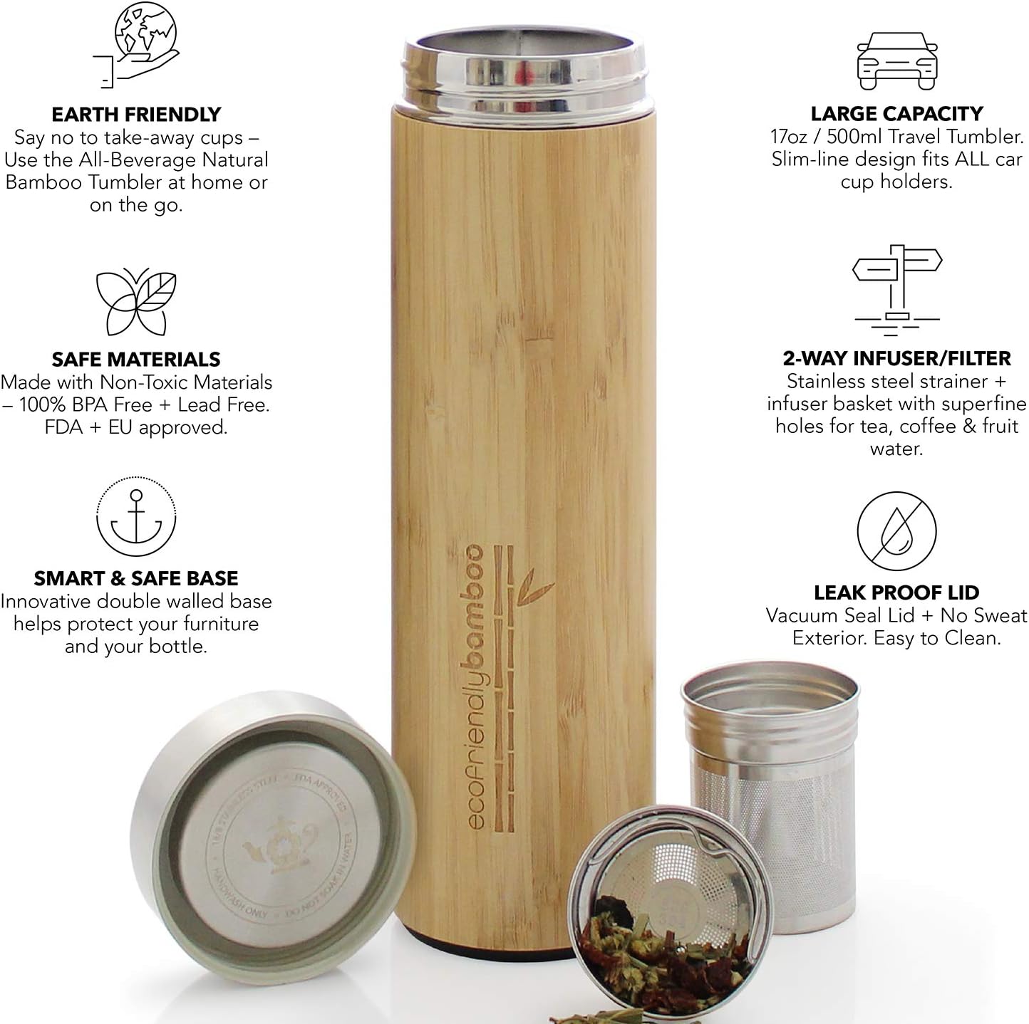 Teabloom All-Beverage Travel Tumbler – Large Capacity 17 oz / 500 ml – Insulated Thermos Mug – Eco-Friendly Bamboo – Hot and Cold Tea Infuser – Cold-Brew Coffee – Fruit-Infused Water – The Naturalist