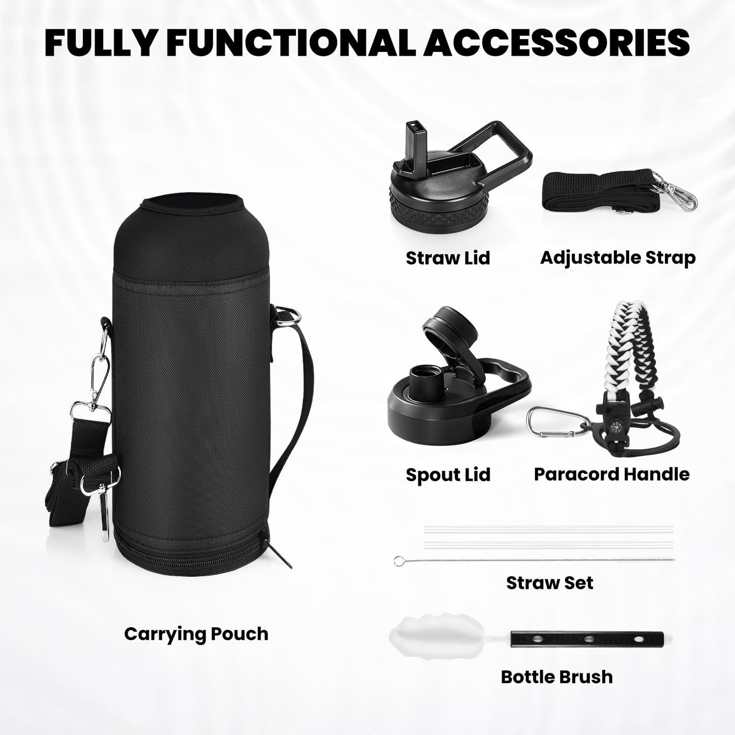 Insulated Water Bottle 40 oz, Triple Wall Vacuum Stainless Steel (Cold for 48 Hrs), Leak Proof & Non-BPA, Modern Water Flask Jug with Paracord Handle & Straw Spout Lids, Ombre: White/Black