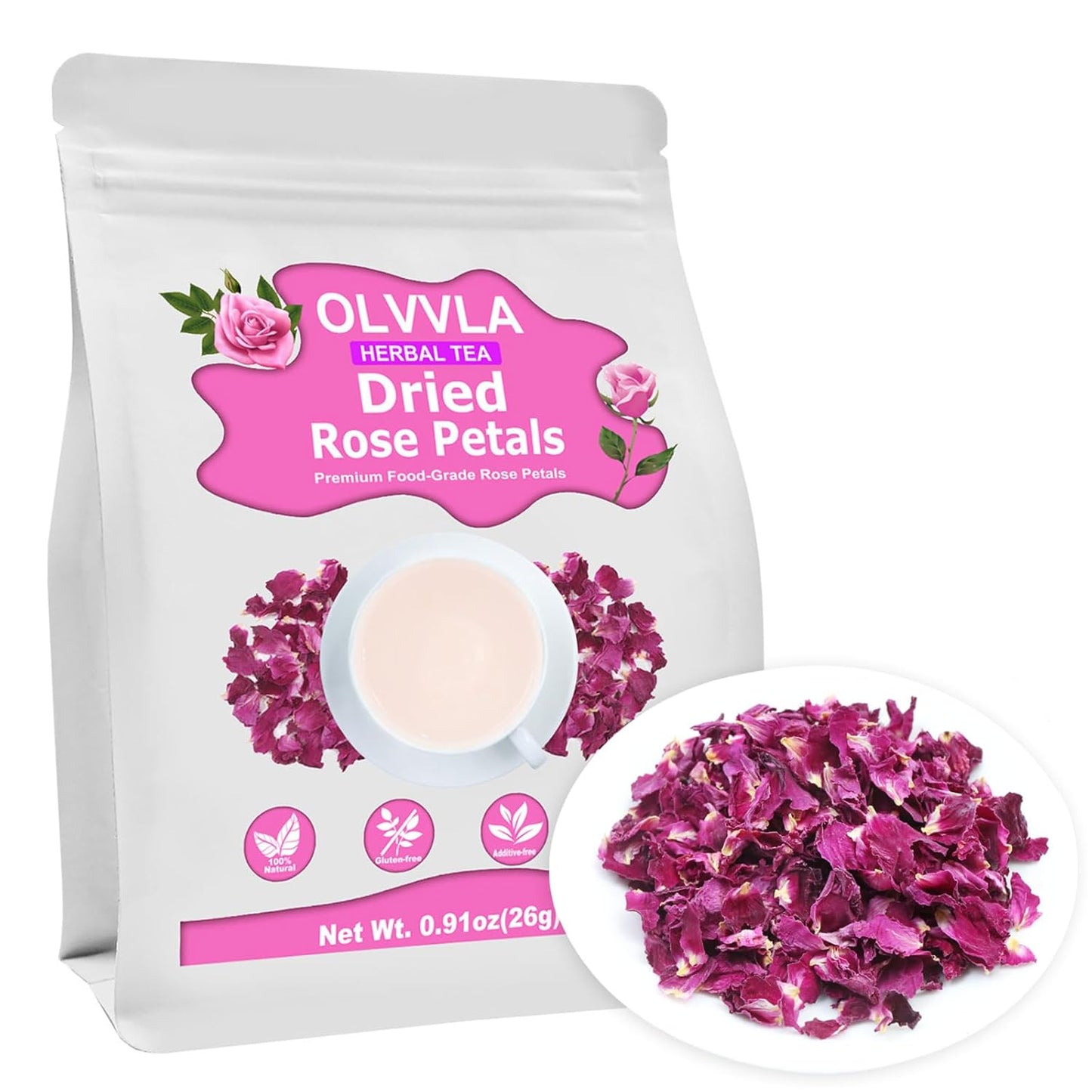 Olvvla - Dried Rose Petals - 0.91oz/26g - Premium Food Grade Dried Roses Edible Flowers - Perfect for Edible Rose Petal Tea, Decorations, Baking, Making Rose Water