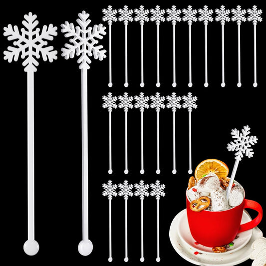 30 Pcs Christmas Drink Stirrers Xmas Stir Stick Holiday Coffee Swizzle Stick Reusable Plastic Hot Cocoa Bar Chocolate Decoration Cocktail Mixer (Snowflake,White)