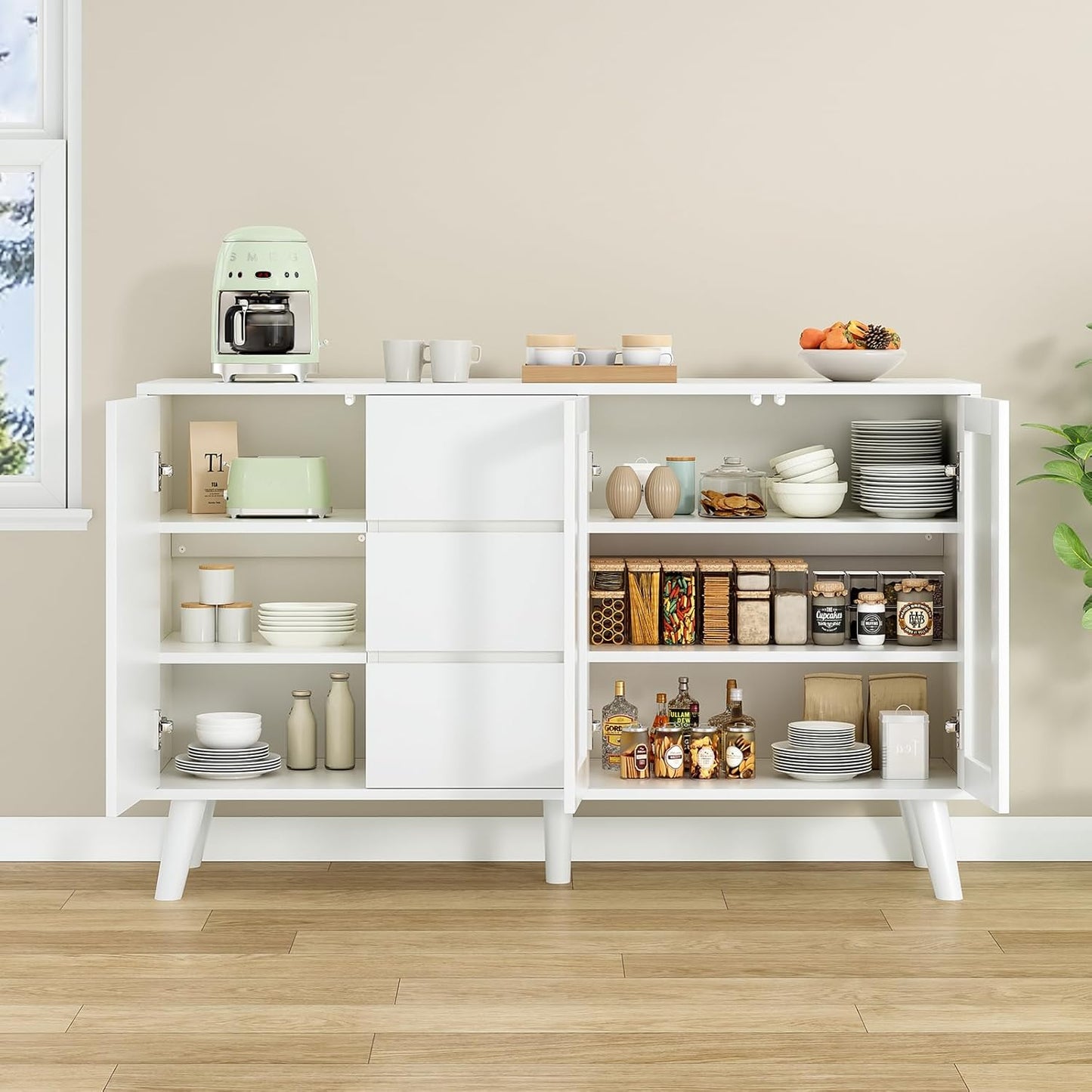 Soohow Farmhouse Buffet Cabinet, 55.5" Coffee Bar with 3 Drawers and Pop-Up Doors, Large Rustic Sideboard for Dining Room, Kitchen, Hallway, and Living Room