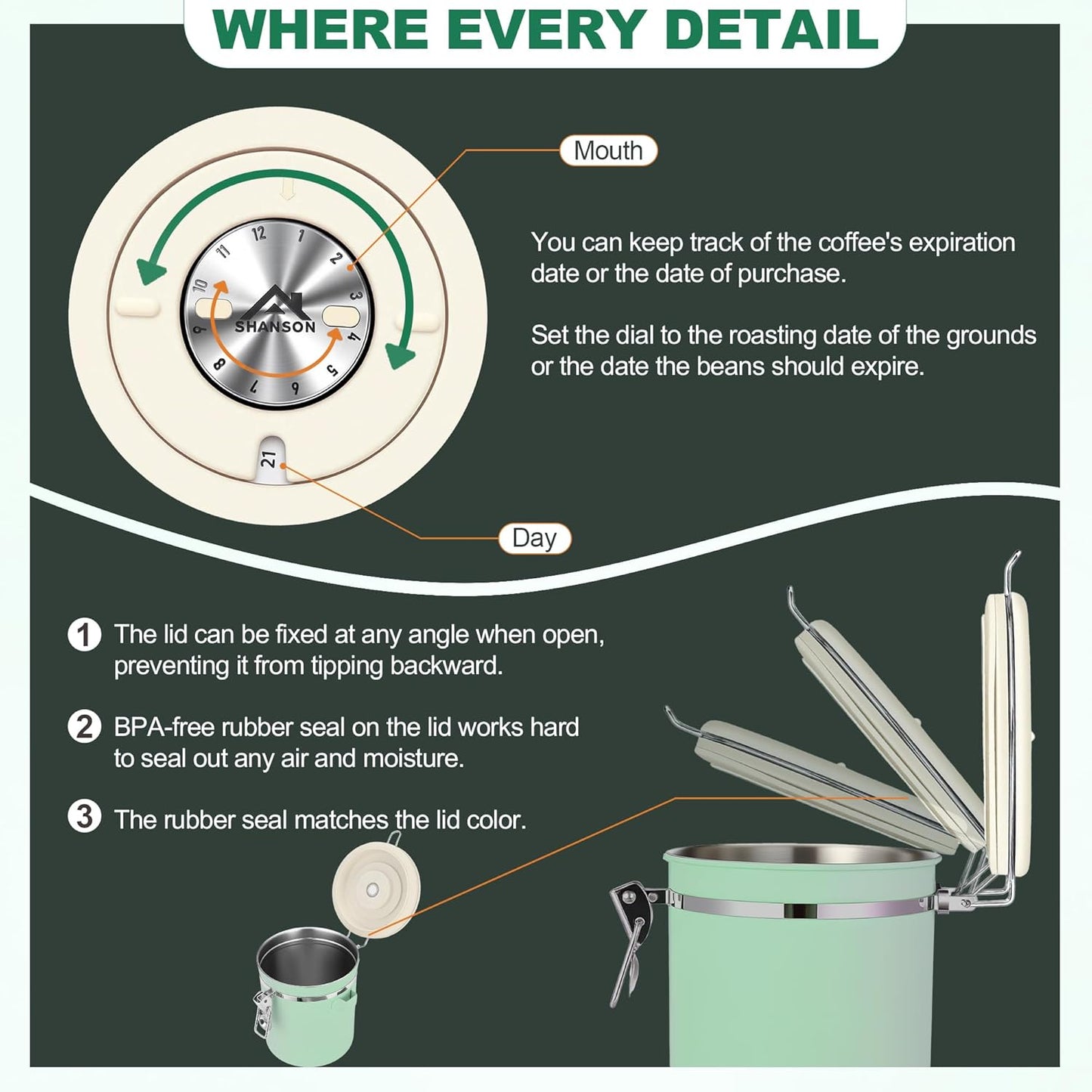 ShanSon Coffee Canister Airtight Coffee Container Stainless Steel Coffee Bean Storage Container with Scoop Coffee Canister for Beans Grounds Sugar Flour Tea Cereal,22OZ,Green