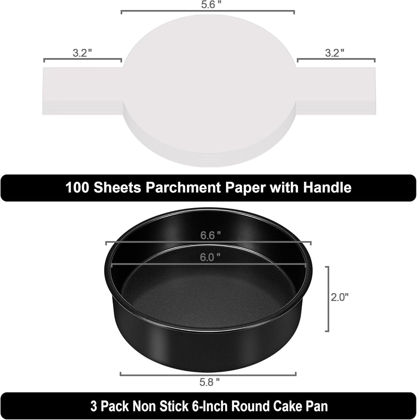 6 Inch Cake Pans Set of 3, Smash Cake Pans with 100PCS Parchment Paper for Layer Cakes, No-Stick Round Cake Pan Sets for Baking, Durable Baking Pan Set for Christmas Birthday, Dishwasher Safe