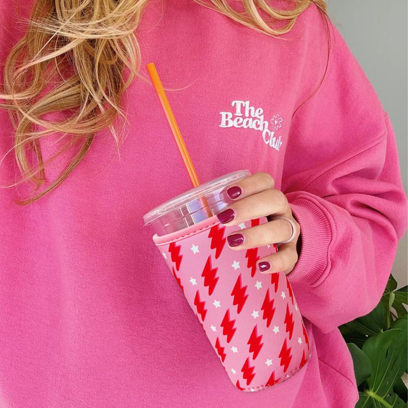 Reusable Insulated Neoprene Iced Coffee Cup Sleeve, Durable Drink Sleeve for Cold Beverages, Beverage Holder for Iced Coffee, Pink Flash