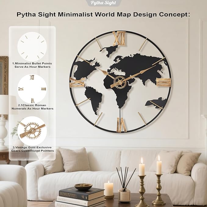 Pytha Sight 24 Inch Large Wall Clock, Modern Decorative Big World Map - Image 3