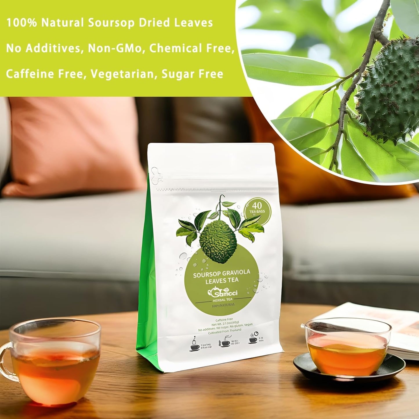Samcci - Soursop Leaves Tea Bags, 40Teabags, 1.5g/bag, 100% Pure Sour Sop Graviola leaves Tea - Hojas De Guanabana Tea - Improve Digestion - Promotes Skin Health - Non-GMO - Caffeine-Free