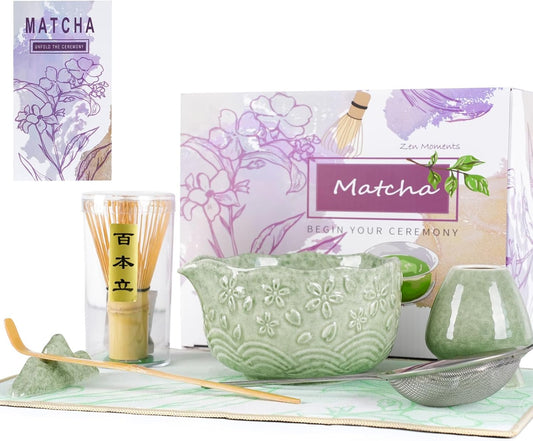 Matcha Whisk Set, Matcha Set 7 Pieces - Ceramic Matcha Bowl with Spout, Bamboo Chasen Whisk & Holder, Scoop, Sifter, Tea Towel - Complete Kit for Matcha Tea Ceremony, Latte, Ideal Gift(Mottled Green)