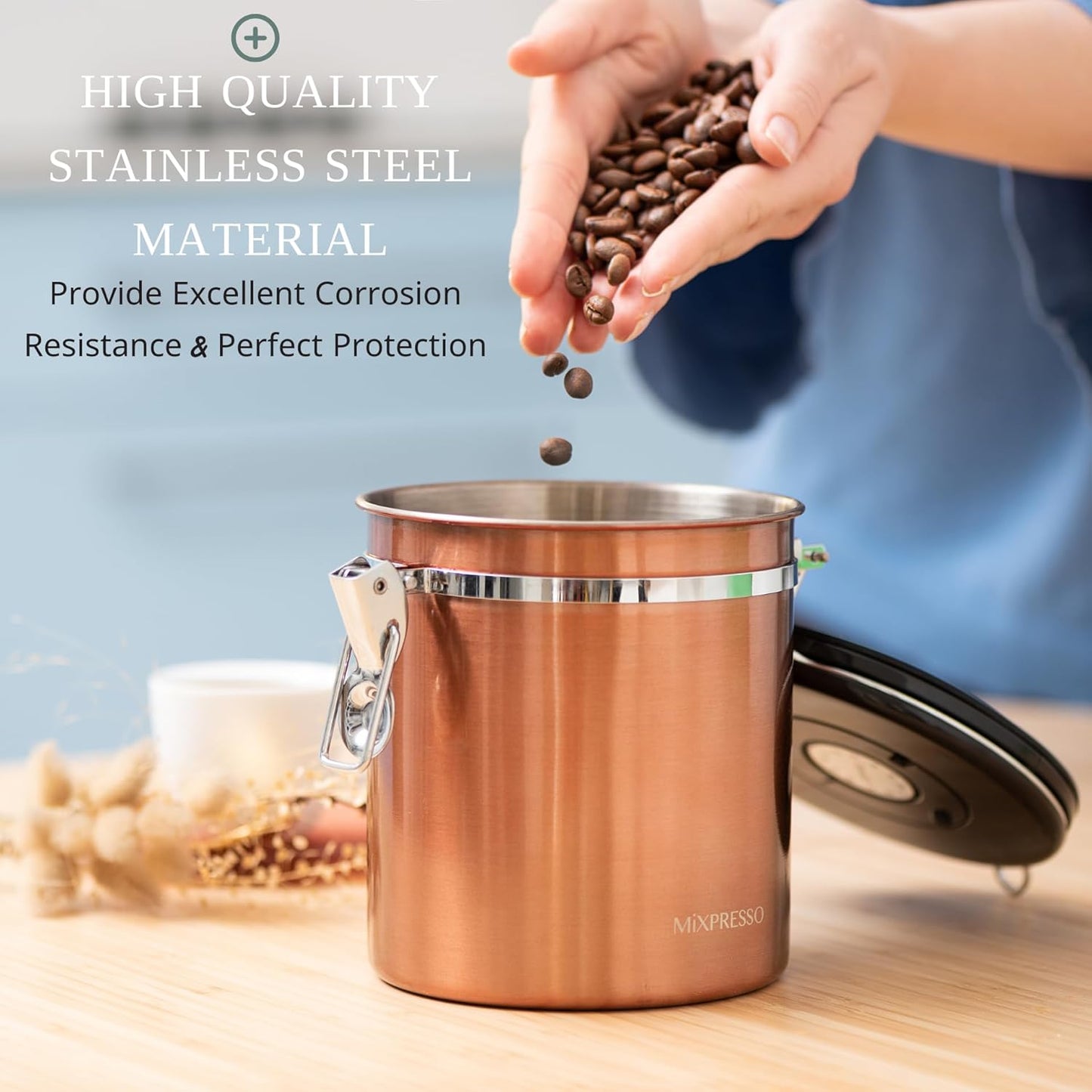 Mixpresso 16 Oz Copper Coffee Canister, Stainless Steel Airtight Coffee Container, Ground and Bean Storage with Date Tracker, Vacuum Sealed Espresso Airtight Container, Sugar Container