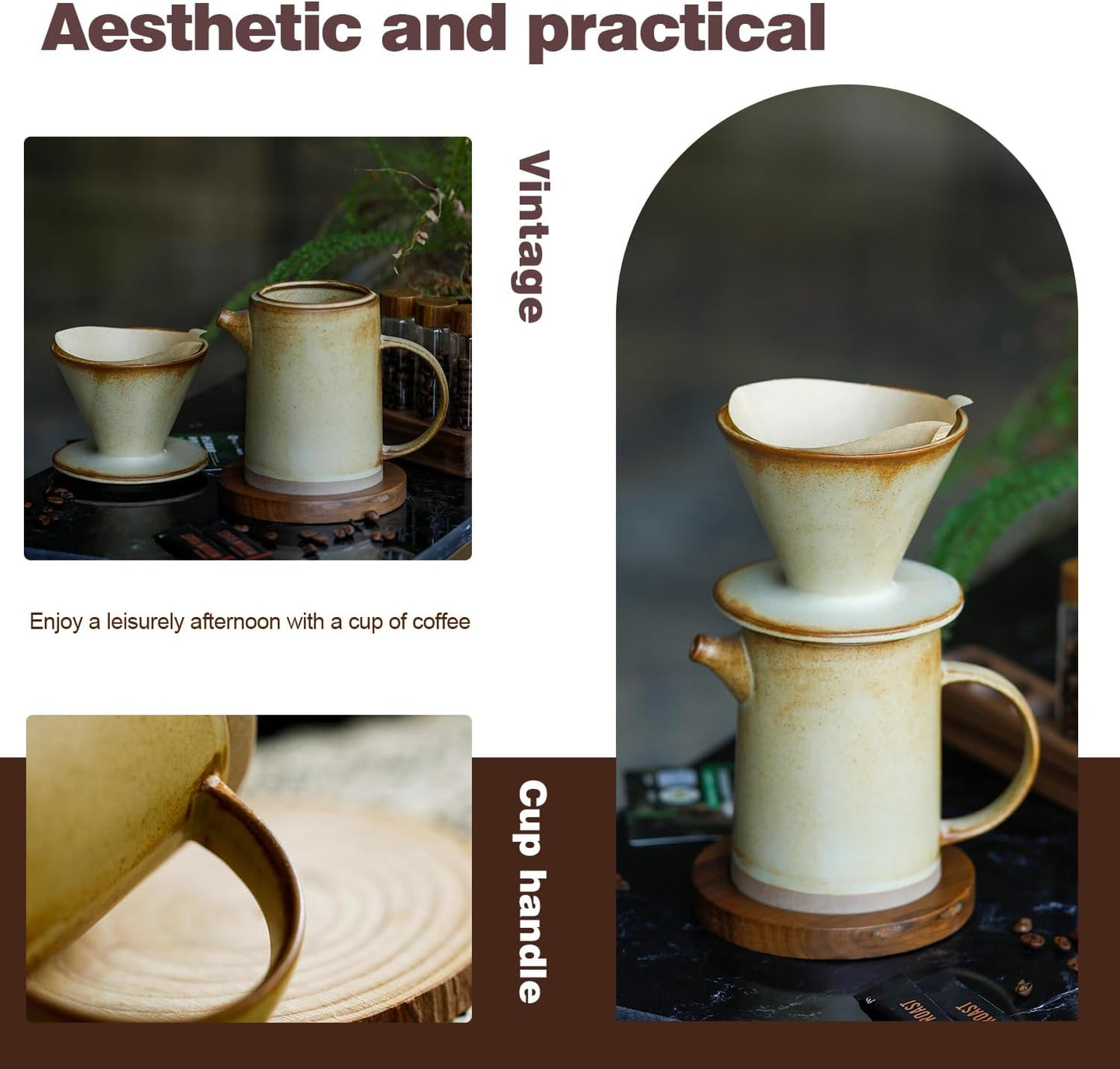 Pour Over Coffee Maker Set Vintage Ceramic Pour Over V60 Coffee Dripper Set with 20 Count Paper Coffee Filters,for Home Café Restaurant Camping,15.8 Ounces(Yellow)