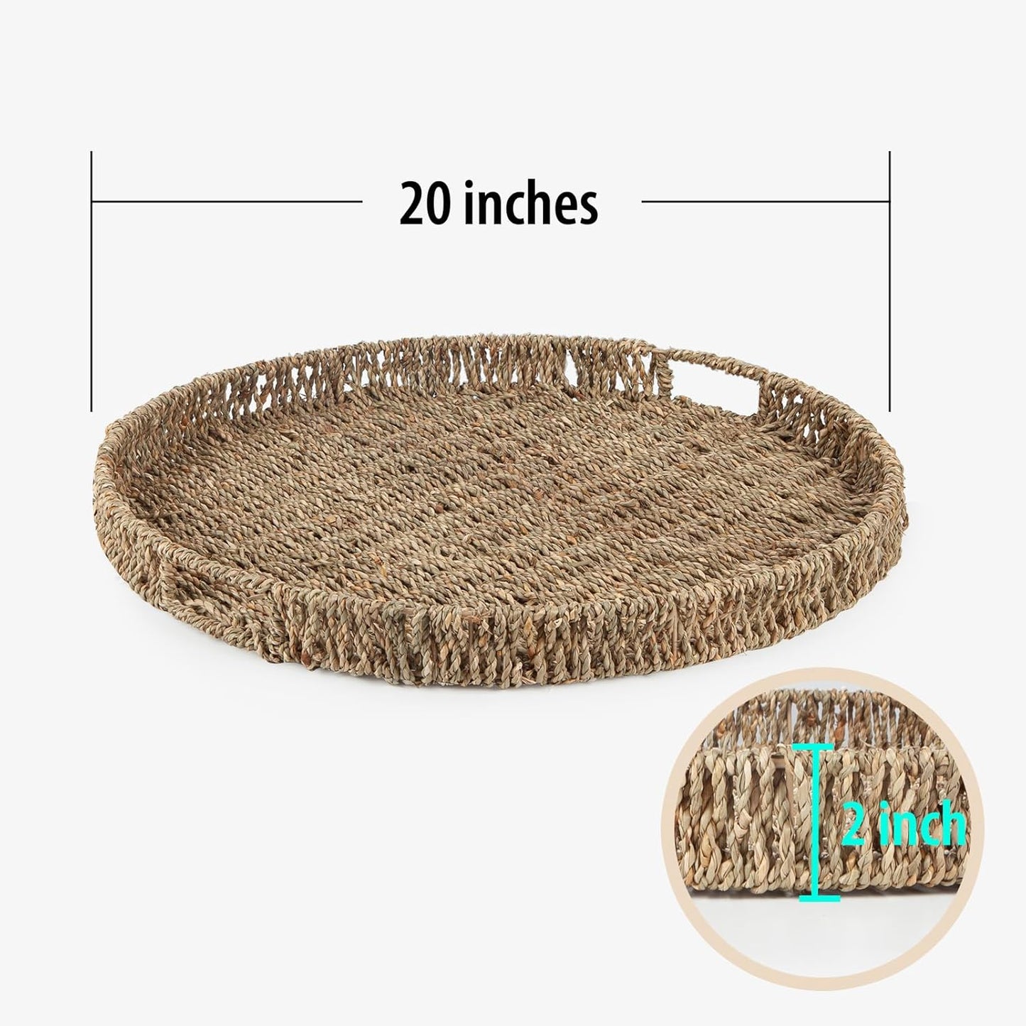 Round Ottoman Tray Large Wicker Serving Tray with Handles for Coffee Table, 20 Inch Handwoven Natural Seagrass Tray
