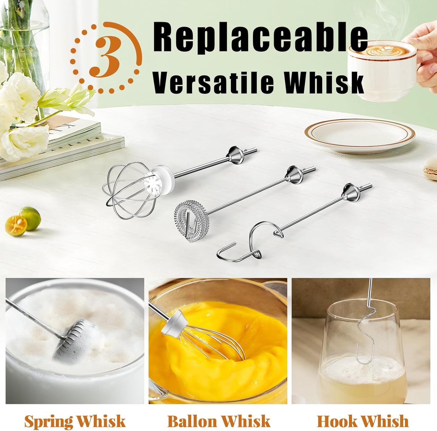 Nahida Silver Milk Frother Wand for Coffee, Frother Handheld Rechargeable Electric Whisk with 3 Heads 3 Speeds Drink Mixer Coffee Frother Foam Maker For Latte, Cappuccino, Hot Chocolate, Egg