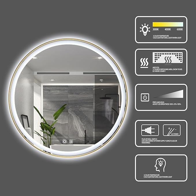 Itrue 36 Inch LED Bathroom Round Mirror, Adjustable Color Temp & Brightness - Image 2