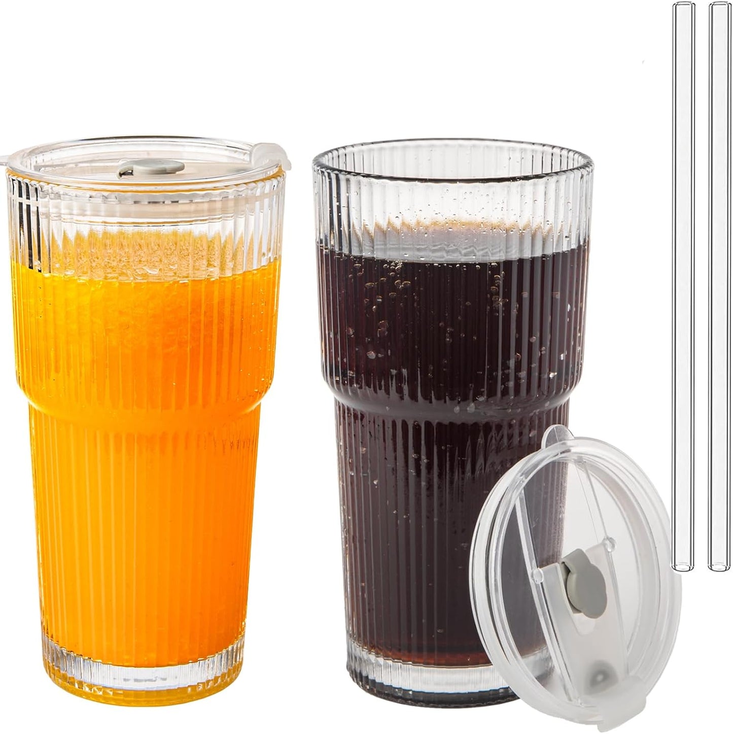 20oz Ribbed Glass Cups with Lids and Straws 2 Set, Vintage Glassware for Whiskey Cocktail Beer, Glass Tumbler, Iced Coffee Cups For Cold Drinks, Smoothie, Juice,Drinking (2)