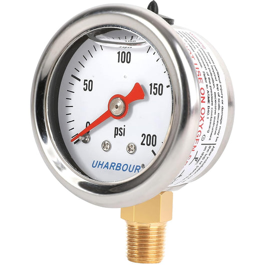 Glycerin Filled Pressure Gauge with 304 Stainless Steel Case, 1-1/2" Dial Size, 0-200Psi, High Accuracy, 1/8" NPT Center Lower Mount with Single Scale (psi).