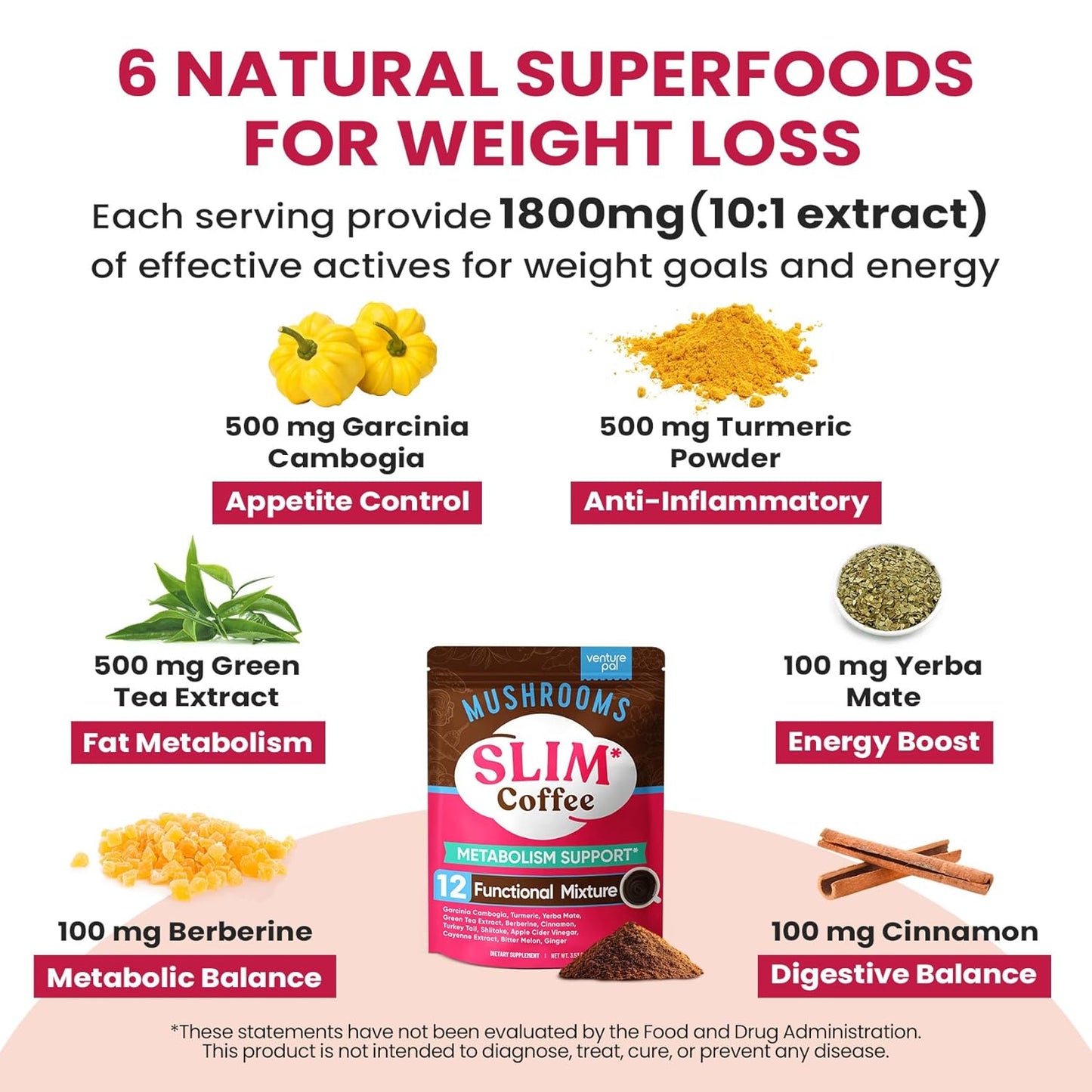 Venture Pal Slim Mushroom Coffee for Weight Loss, Instant Coffee with Berberine, Cinnamon, Yerba Mate, Turmeric, & More, 1800mg(10:1) Extract for Diet Support & Metabolism Boost - 40 Servings