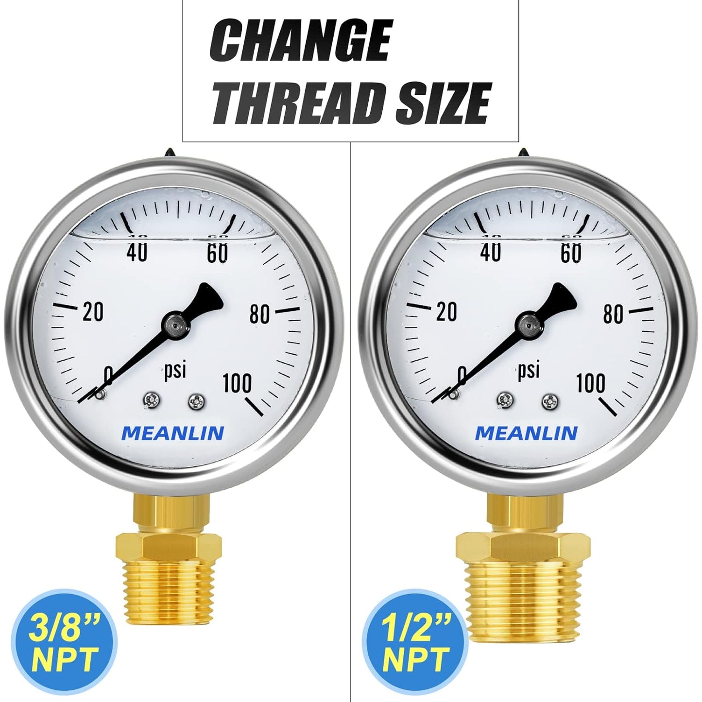 MEANLIN MEASURE 0~100Psi Stainless Steel 1/4" NPT 2.5" Single Scale FACE DIAL, Glycerin Filled Pressure Gauge, WOG Water Oil Air, Lower Mount, with 1/2" NPT and 3/8" NPT Hex Bushing