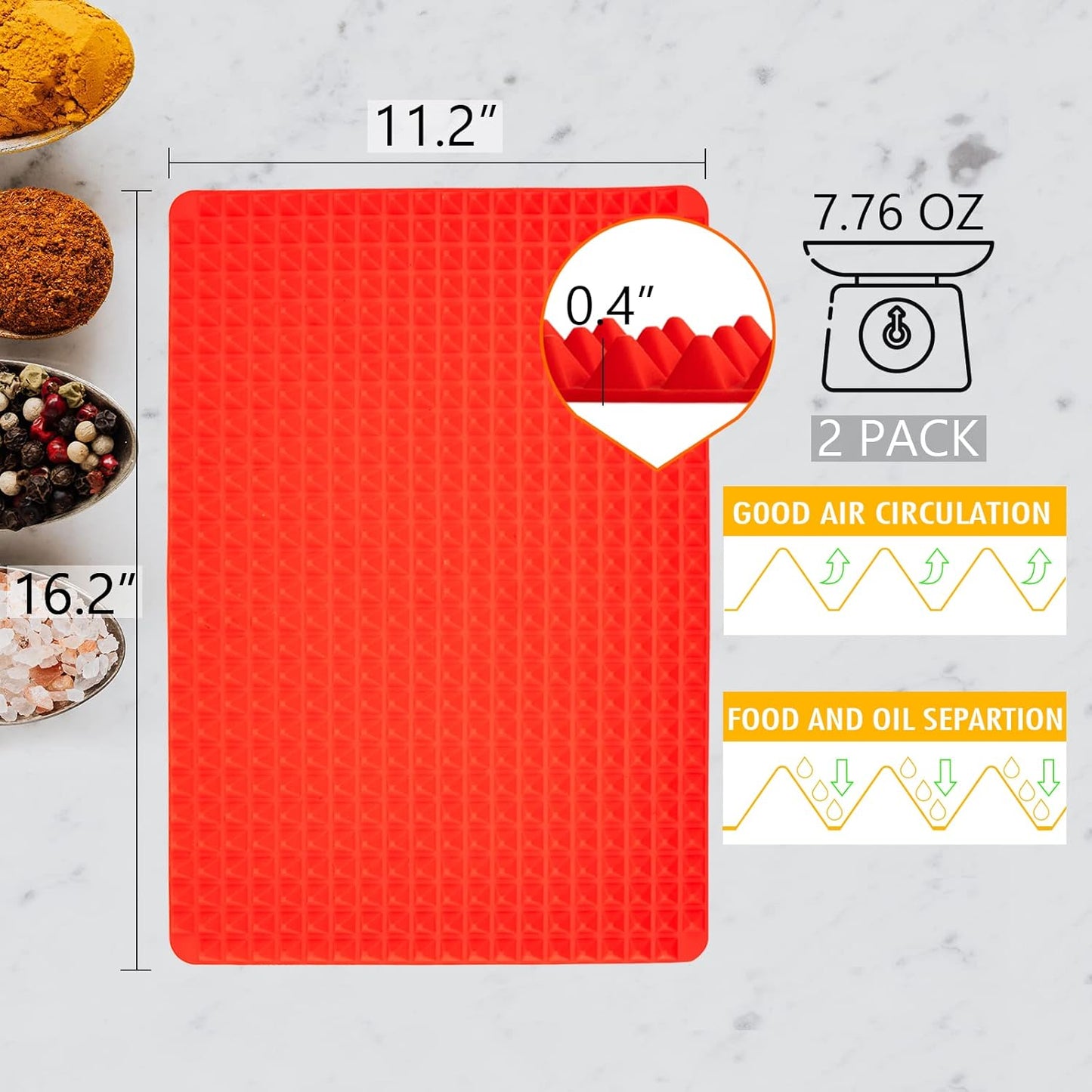 Silicone Baking Mat Red Pyramid Non Stick Bacon Microwave Tray Pastry Mats Red BBQ Grill Mat Baking Supplies oven Liners For Bottom Of Oven - 16 X 11''Silicone Mats For Kitchen Counter 1 Pack